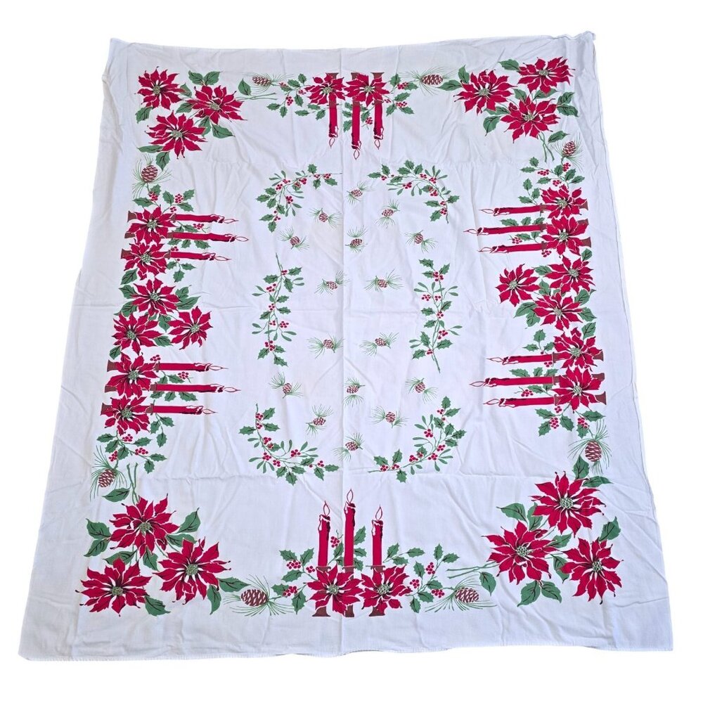 Vintage Christmas Tablecloth Poinsettia Candles Holly Pinecones Red Green 51x58